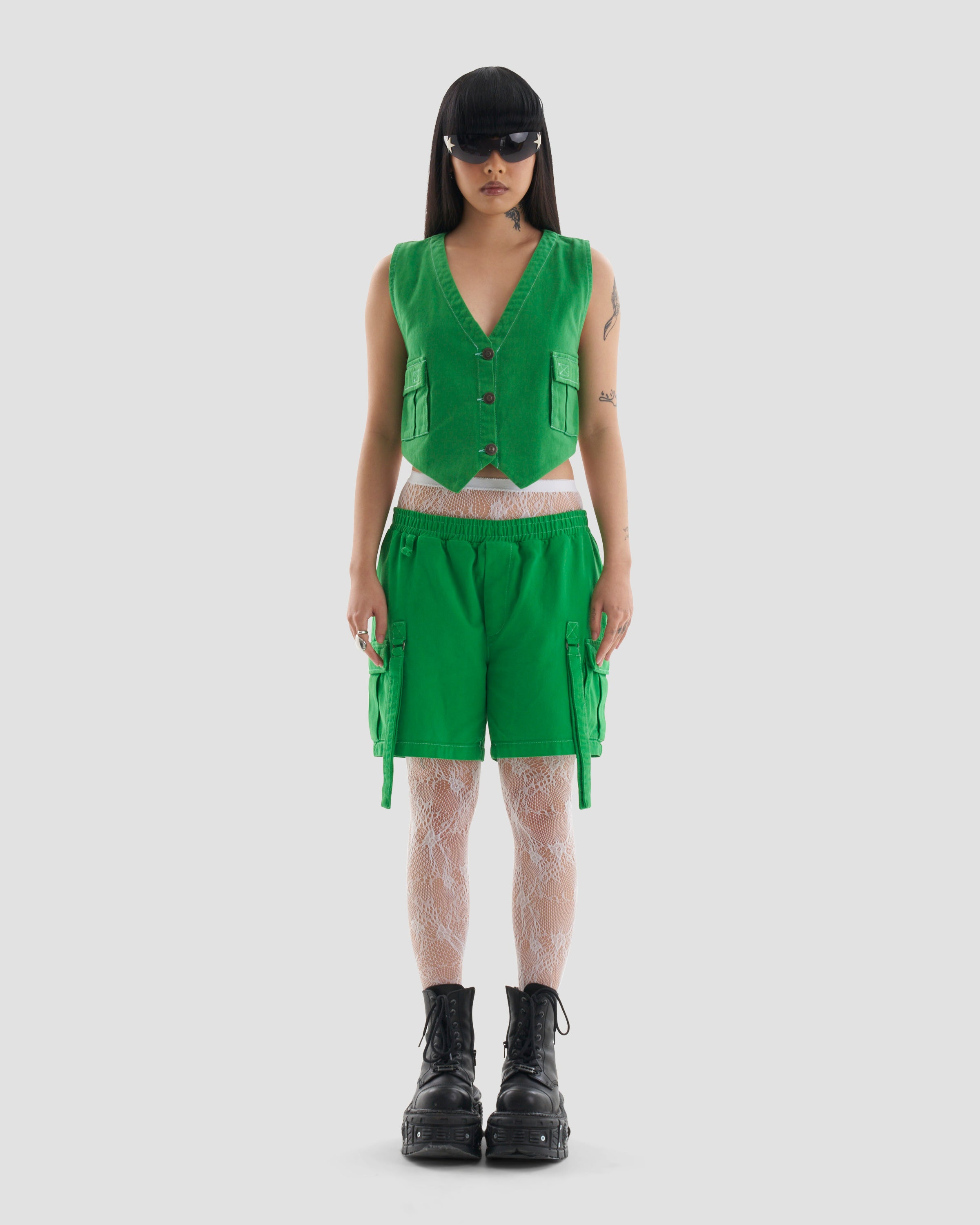 Clubland Co-Ord Button Up Technical Cargo Waist Coat in Green